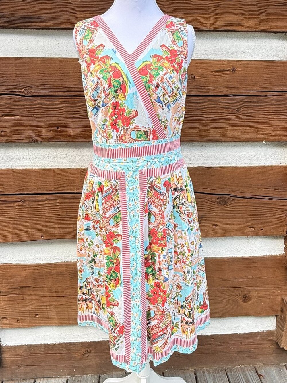 TALBOTS A-Line Café Print Dress. Fully Lined, Sleeveless, Cotton Size 4. EUC